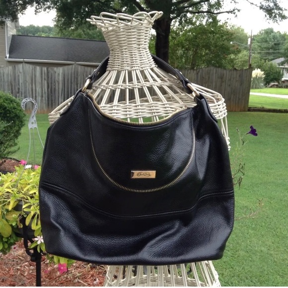 Onna Ehrlich Large Black Leather Shoulder Purse with Tassel & Gold Hardware - Picture 2 of 6